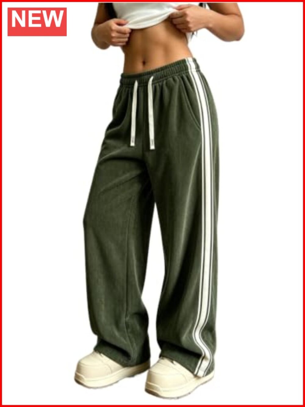 Wide Leg Corduroy Pants Side Striped Elastic High Waist Drawstring